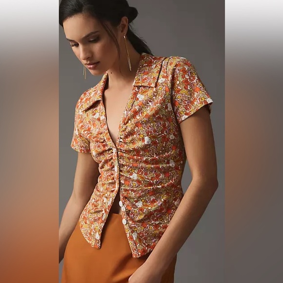 Maeve Tops - Maeve by Anthropologie Ruched Citrus Print Button Down Top